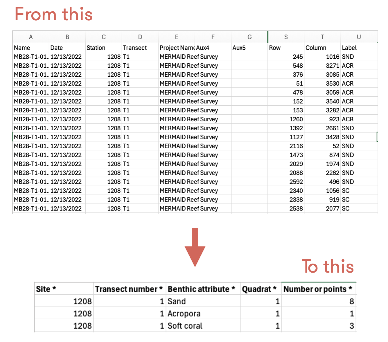 Calculate number of points for each benthic attribute from the same quadrat.